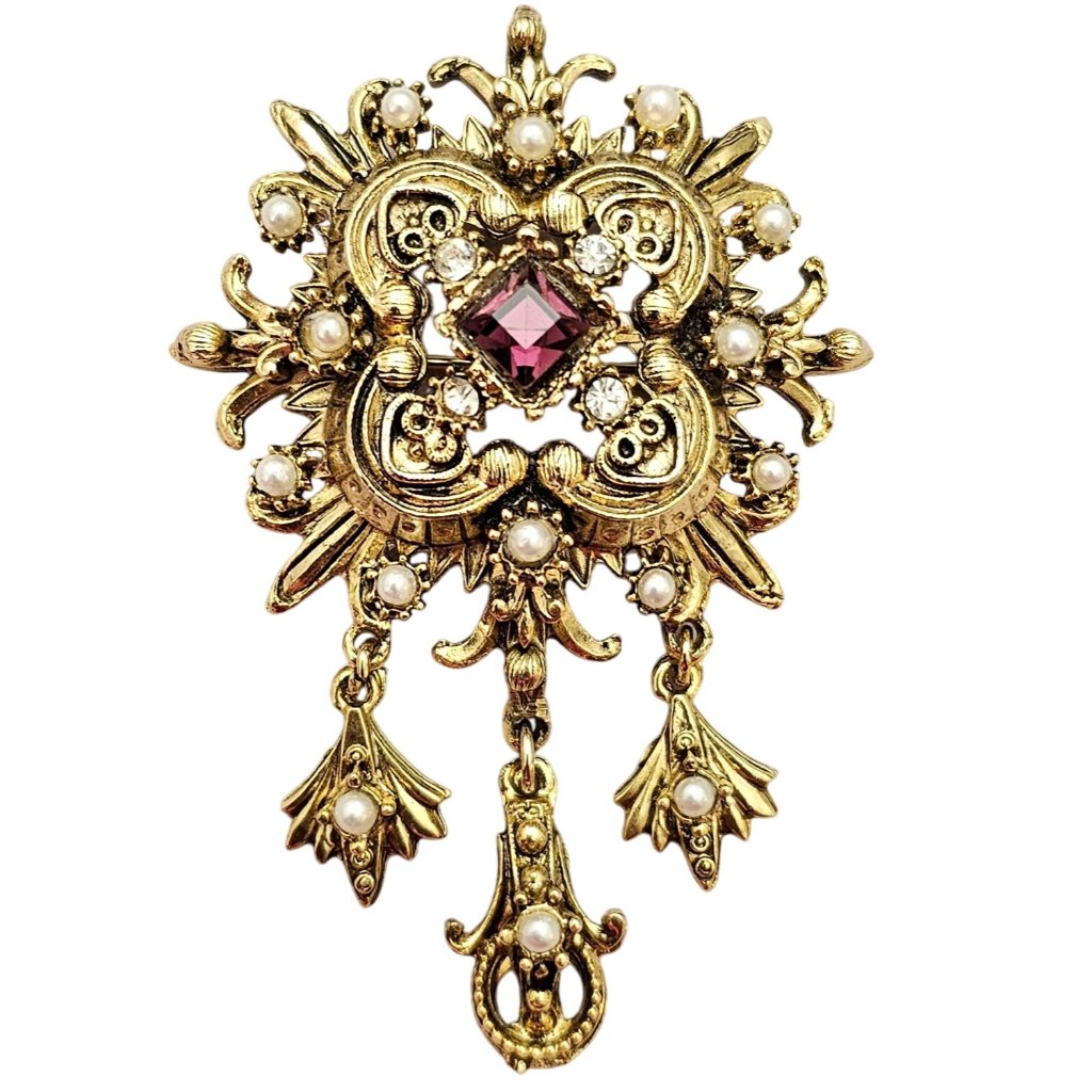 Maltese Fleur De Lis Dangle Charm Brooch Purple Focal Faux Pearl Pin C632